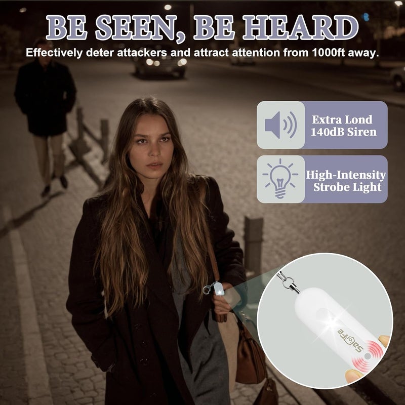 SaForFe Personal Safety Alarm - Waterproof Rechargeable Security Alarm - 140dB Extra Loud Siren & Strobe Light - Self Defense Keychain - Gift for Women, Teenagers, College Girls, Seniors (White) - Image 2